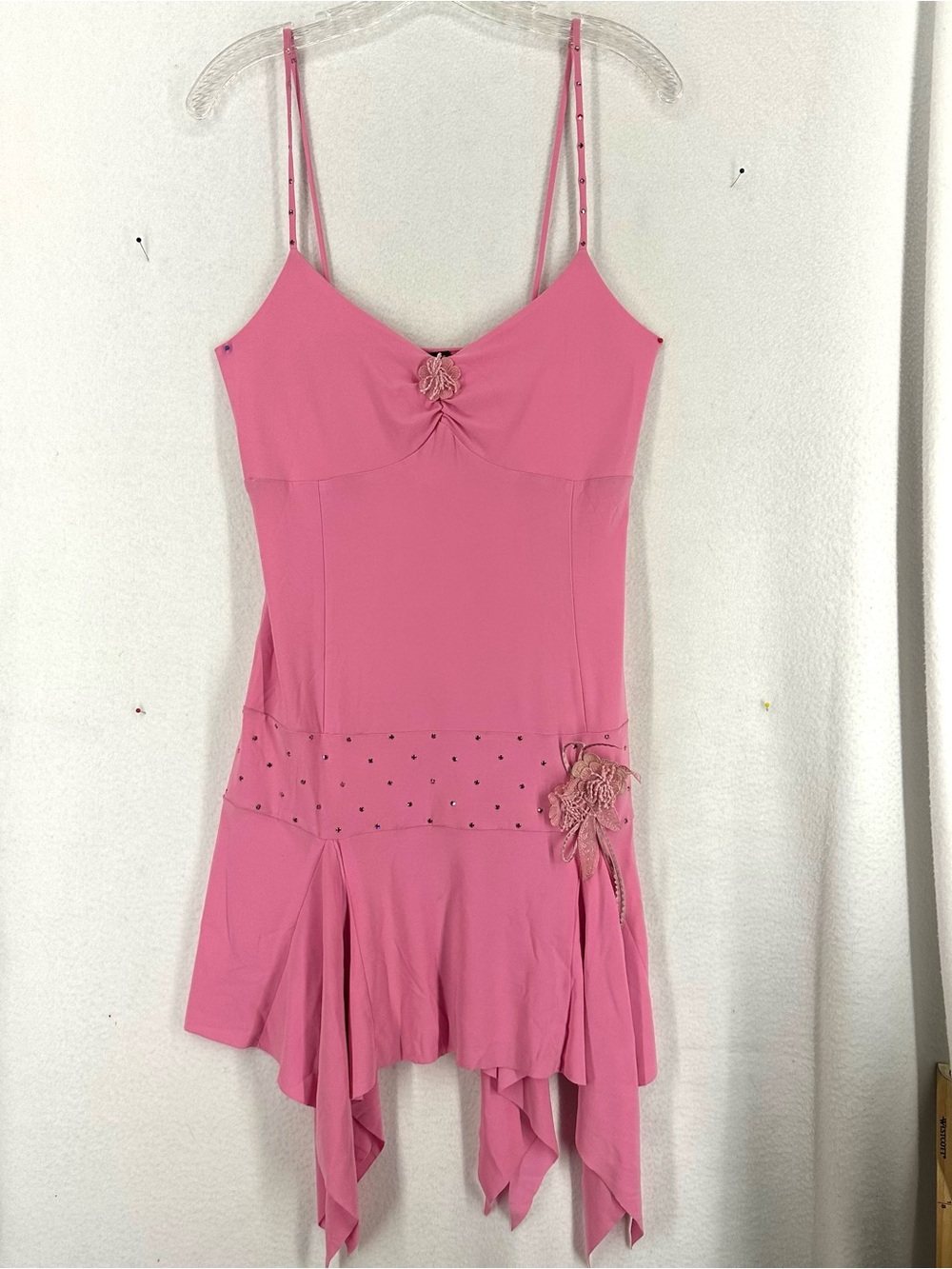 Body Language Y2K Pink Rhinestone Floral Handkerchief Hem Dress Women’s L